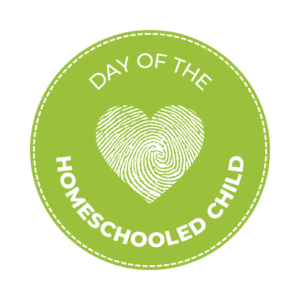 lime green circle with a heart made out of fingerprints with the words "Day of the Homeschooled Child" around it
