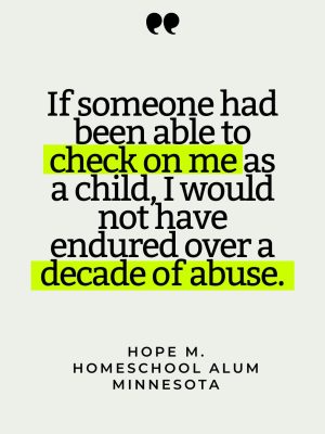 Quote card reading "If someone had been able to check on me as a child, I would not have endured over a decade of abuse."